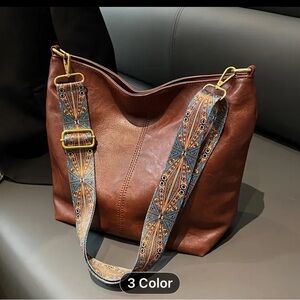 Brown Leather Women Bag with Patterned Strap